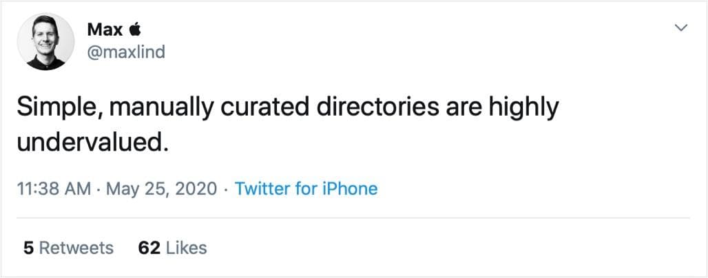 Max Lind's Tweet about manually curated directories